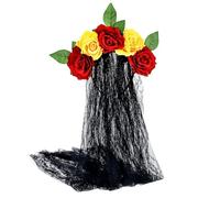 JZK Day Of The Dead Headband and veil, Artificial rose flower headband with black lace veil, flowers headpiece for Dia De Los Muertos costume and Halloween fancy dress