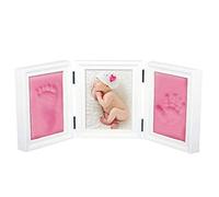 JZK EN71 toy test passed non-toxic child safe, pink clay white wood frames baby girl handprint footprint picture frame kit for newborn party 1st birthday party idea baby shower