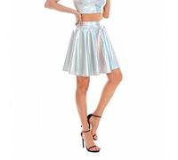 JZK Size L Large Shiny Silver Women's Skater Skirt, Futuristic Metallic Short Skirt for Girls, Mini Skirt for Cross Dresser, Anime Pretty Soldier Costume for Halloween Cosplay