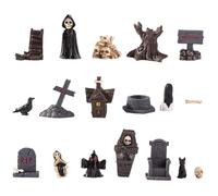 JZLEJC 18PCS Halloween Figurines Resin Village Statue Horror Skull Head Ghost Miniatures Home Desktop Decor Gift