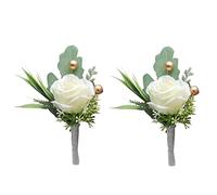 JZLEJC 2PCS White Rose Boutonniere for Men 3x5 Inch Artificial Wedding Buttonhole with Golden Bead Prom Anniversary Formal Event Corsage