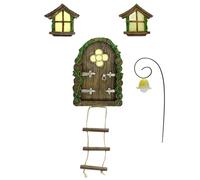 JZLEJC Elf Door Fairy Door Mini Set Glow in Dark Fairy Garden Decor, Weather Resistant Resin & Window for Tree Trunk Stump Decor, Yard Art Sculpture Lawn Ornament
