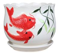 JZLEJC Red Fish Design Ceramic Plant Pot with Drainage Hole, Home Garden Outdoor Decorative Planter with Tray, 91.Pot Plant