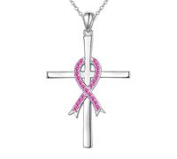 JZMSJF S925 Sterling Silver Butterfly Cross Pink Ribbon Pendant Necklace Breast Cancer Awareness Jewelry Gifts for Women, Sterling Silver, Cubic Zirconia