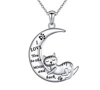 JZMSJF S925 Sterling Silver Cat Panda Bear Moon Pendant Necklace I love You To The Moon and Back Jewelry Gift, Metal, Cubic Zirconia