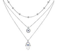 JZMSJF S925 Sterling Silver Evil Eye Hamsa Hand CZ Triple Layered Necklaces for Women, Sterling Silver, Cubic Zirconia
