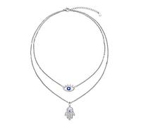 JZMSJF S925 Sterling Silver Evil Eye Hamsa Hand CZ Triple Layered Necklaces for Women, Sterling Silver, Cubic Zirconia