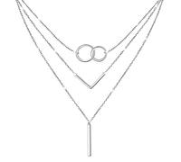 JZMSJF S925 Sterling Silver Layered Necklaces Multi 3 Layer Circle Bar Boho Long Triple Choker Pendant Necklace Jewerly Gift for Women, Sterling Silver, Cubic Zirconia