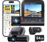 Jzones 3 Channel 4K Dash Cam, Dash Camera for Cars with Starvis 2 HDR Night Vision, 4K+1080P+1080P Front Inside and Rear Triple Car Camera, GPS, 24-Hour Parking Mode, Free 64GB Card