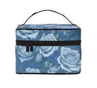 JZQZH Beautiful roses on blue background Portable Cosmetic Bag Personalized Storage Organizer for Travel Camping Hotels and Long Distance Trips