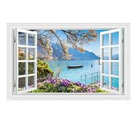 JZSDGB 3D Effect View Fake WindowsLandscape Pictures. Mountain Lake Flowers Painting on Canvas Print Window Mural. Canvas Wall Art Pictures 60x100cm Frameless