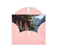 JZSLMJ Ancient House Greeting Card for Pink Heart Shaped Envelope Holidays Birthdays Valentine's Day Weddings