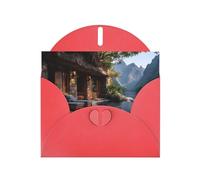 JZSLMJ Ancient House Greeting Card for Red Heart Shaped Envelope Holidays Birthdays Valentine's Day Weddings