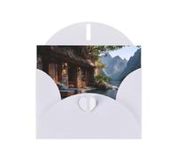 JZSLMJ Ancient House Greeting Card for White Heart Shaped Envelope Holidays Birthdays Valentine's Day Weddings