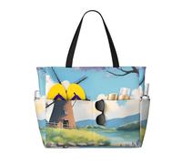 JZSLMJ beautiful river windmill Large Capacity Beach Travel Tote Bag with Zipper Foldable for Summer Outdoor Use