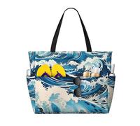 JZSLMJ Ukiyo-e style waves Large Capacity Beach Travel Tote Bag with Zipper Foldable for Summer Outdoor Use