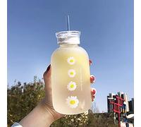 JZSMY 480ml Milk Juice Cute Water Bottle with Scale 2 Lids Little daisy Matte Portable Water Cup Grass Bottles Creative Handy Cup（4 Flowers）