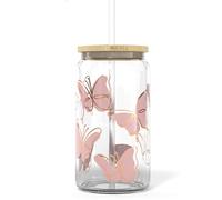 JZSMY Iced Coffee Glasses Cup with Bamboo Lid and Glass Straw, 500ml Butterfly Transparent Cup, Beer Can Shaped Flower Mug for Women, Cute Tumbler Cup for Friend Birthday Valentine Christmas