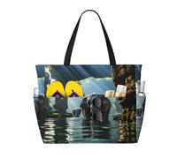 JZSTY Asian elephant in the water Large Capacity Beach Bag with Zipper for Spring Summer Outdoor Use Easy to Clean and Durable