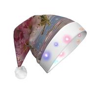 JZSTY LED Plush Santa Hat with Exquisite Beneath the Cherry Blossoms print Soft Warmth Blinking Festival Party Decoration
