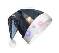 JZSTY LED Plush Santa Hat with Exquisite High-rise Buildings At Night print Soft Warmth Blinking Festival Party Decoration