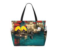 JZSTY Seaside Haven Large Capacity Beach Bag with Zipper for Spring Summer Outdoor Use Easy to Clean and Durable