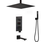 JZWCHQ 3-Functions Black Digital Shower Faucets Set Rainfall Shower Head Digital Temp Display Mixer Tap Swivel Tub Spout Bath Shower, Luxury Shower Set,8Inch,10inch