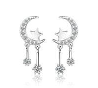 JZWCHQ 925 Sterling Silver crystal Moon Star Dangle Earring, Silver tassel Drop Earrings with cubic zirconia, Dainty stud Dangling Earrings, Jewelry For Women