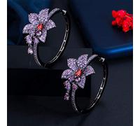 JZWCHQ Black Color Purple Cubic Zirconia Crystal Round Big Dangle Drop Flower Charms Hoop Earrings For Women