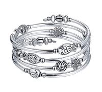 JZWCHQ BULINLIN Beaded Silver Bangle Wrap Bracelet for Her, Layered Bohemian Bracelets with Natural Stone, Jewellery Gifts for Women Ladies
