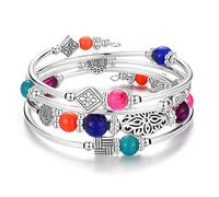 JZWCHQ BULINLIN Beaded Silver Bangle Wrap Bracelet for Her, Layered Bohemian Bracelets with Natural Stone, Jewellery Gifts for Women Ladies