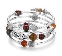 JZWCHQ BULINLIN Beaded Silver Bangle Wrap Bracelet for Her, Layered Bohemian Bracelets with Natural Stone, Jewellery Gifts for Women Ladies
