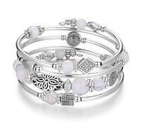 JZWCHQ BULINLIN Beaded Silver Bangle Wrap Bracelet for Her, Layered Bohemian Bracelets with Natural Stone, Jewellery Gifts for Women Ladies