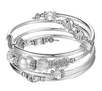 JZWCHQ BULINLIN Beaded Silver Bangle Wrap Bracelet for Her, Layered Bohemian Bracelets with Natural Stone, Jewellery Gifts for Women Ladies