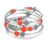 JZWCHQ BULINLIN Beaded Silver Bangle Wrap Bracelet for Her, Layered Bohemian Bracelets with Natural Stone, Jewellery Gifts for Women Ladies
