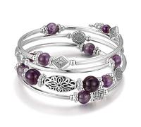 JZWCHQ BULINLIN Beaded Silver Bangle Wrap Bracelet for Her, Layered Bohemian Bracelets with Natural Stone, Jewellery Gifts for Women Ladies