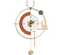 JZWCHQ Deer Head Style Wall Clocks with Pendulum, Large Metal Fashion Decorative Living Room Home Quartz Clock,Modern Mute No Tick Hanging Wall Clock,-Orange||46x68CM