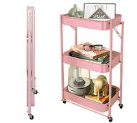 JZWCHQ Exquisite Bathroom Shelves Carts,Trolley Foldable Office Storage Cart with Wheels Folding Shelf with Metal Mesh Basket Mass Storage 3-Tier Slide Out Storage Cart for Bathroom, Kitchen,White