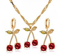 JZWCHQ female red crystal jewelry set charm gold color wedding dangle earrings for women dainty fruit cherries chain necklace