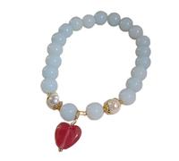 JZWCHQ Feng Shui 8Mm Beaded Bracelet Natural Chalcedony Freshwater Pearls Lucky Heart Charm Pendant Elastic Bracelet Spiritual Talisman for Women Femininity Wealth Prosperity Meditation Cinnabar