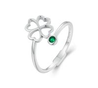 JZWCHQ Lucky Four Leaf Clover Ring 925 Sterling Silver Statement Stacking Adjustable Ring for Women Green Emerald Crystal Cute Heart Love Irish Shamrock Flower Open Wrap Finger Rings Comfort Fit