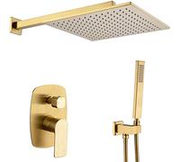 JZWCHQ Shower Faucet 10-12 Inch Brass Bathroom Luxury Rain Mixer Combo Set Wall Mounted Rainfall Shower Head System, Brushed Gold Shower Set,12 Inch