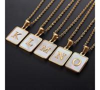 JZWCHQ Trend 18K Chain Necklaces Male Square Natural Shell Initial Letters Pendant Stainless Steel Jewelry for Women Gifts
