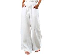 K-460 White Ladies Casual Pants Pants for Women Faux Gauze Linen Loose Fit Pleated Flare Bell Bottom Straight Leg Plain Long Boot Cut Leg Summer Fall Pants 2024 Clothing 3XL