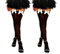 K BKVAVA 2 Pairs Women's Bow Thigh High Stockings Satin Bow Over The Knee Highs Socks,Black with White Bows