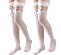 K BKVAVA Women's 2 Pairs Fishnet Thigh Highs Stockings with Bow Lace Top Small Net Hold Up for Halloween, White
