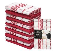 K Collection 12 Pack Check Kitchen Towels Set - 40 x 70 cm, Red and White - 100% Ring Spun Cotton (285GSM) Super Soft and Absorbent Dish and Bar Towels