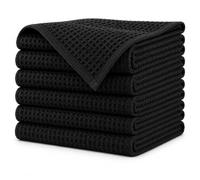 K Collection Premium Waffle Tea Towels 45 x 65cm - Highly Absorbent Quick Dry - Catering Bar Towel with Hanging Loop (Black - 6 Pack)