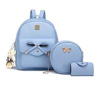 K.E.J. Bowknot Mini Leather Backpack 3-PCS Cute Small Backpack Purse for Women Ladies, Blue 1, 9.8''x5.5''x11.8'', Daypack Backpacks