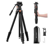 K&F CONCEPT 73” Camera Tripod with Fluid Head, Aluminum Travel Tripod for Video, Smooth Pan/Tilt for DSLR Mirrorless Camcorder, Max Load 6.6lb, for Live Streaming Vlog & Spotting Scope